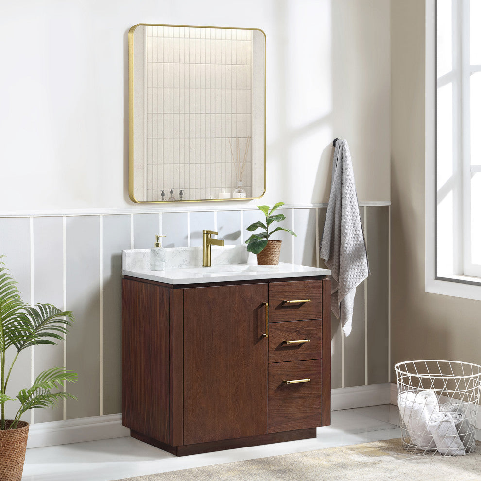 San Bath Vanity with Stone Top, Natural Walnut, 36", Single Vanity, With Mirror