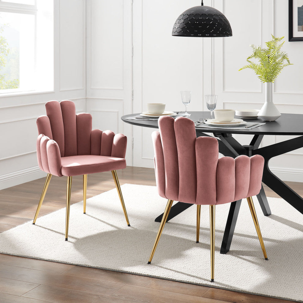Dining Chair, Set of 2, Pink Gold, Velvet, Modern Cafe Bistro Hospitality