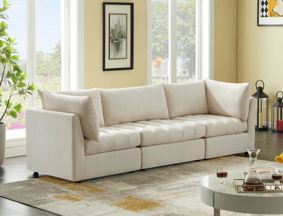 Jacob Velvet Upholstered 3-Piece Modular Sofa, Cream