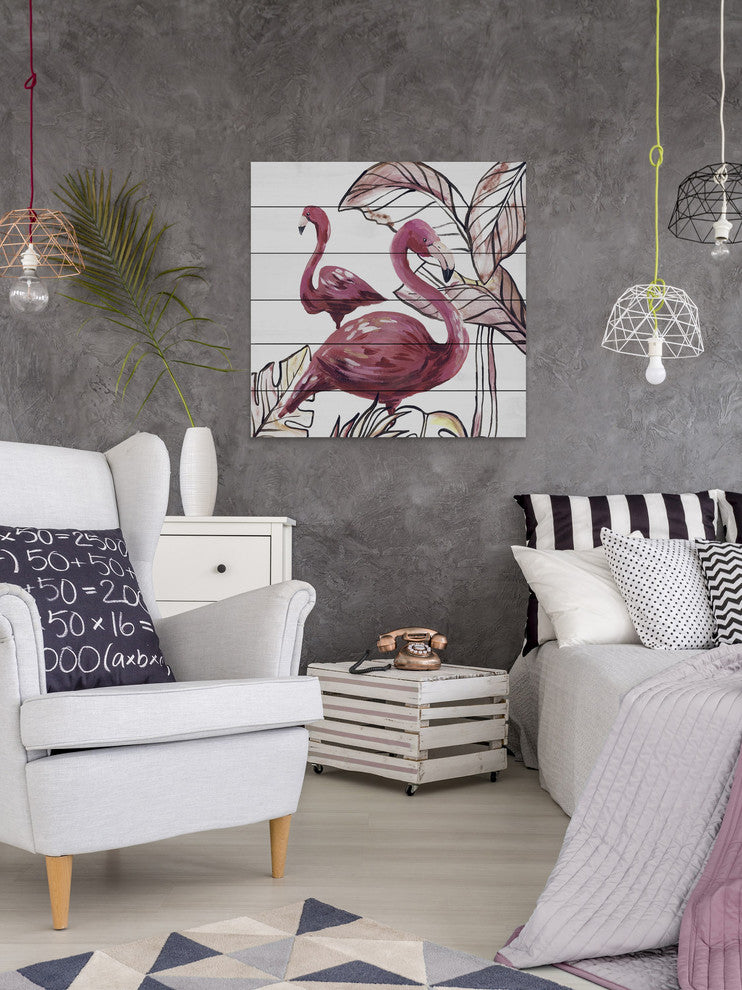 "Pink Flamingo II" Painting Print on White Wood, 24"x24"