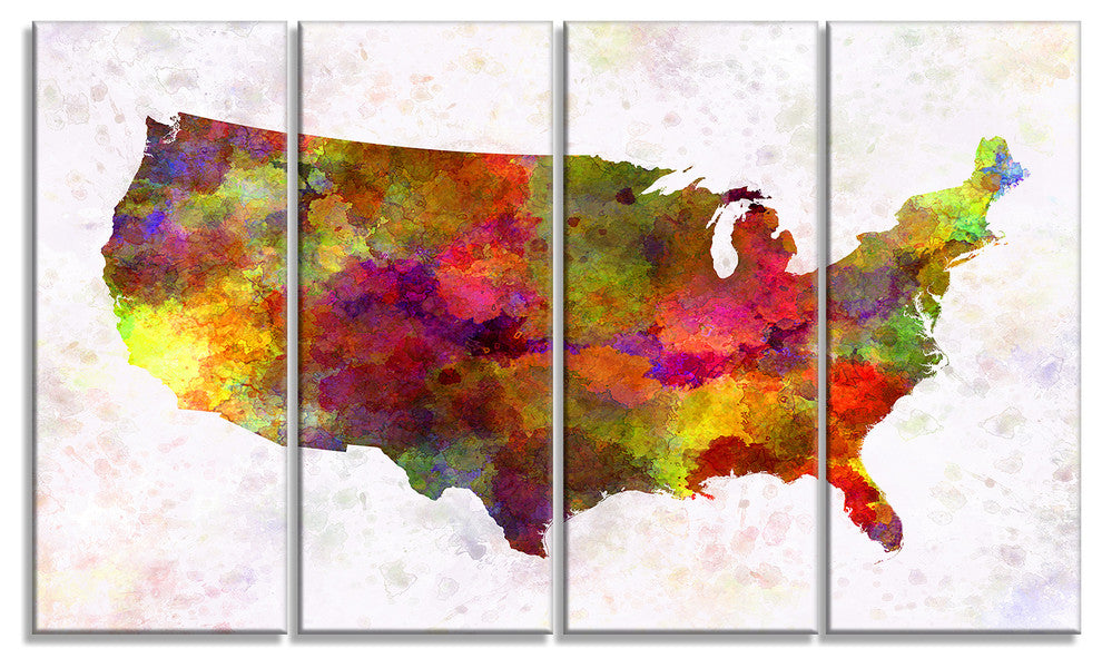 "United States Map in Colors" Watercolor Painting Wall Art, 4 Panels, 48"x28"