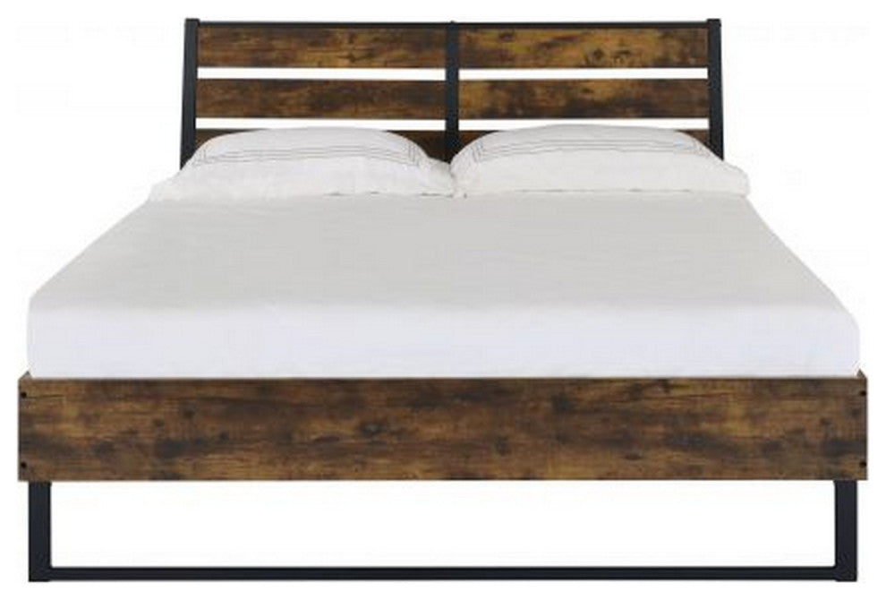 Benzara BM266519 Eastern King Bed, Panel Headboard & Metal Slats, Brown/Black