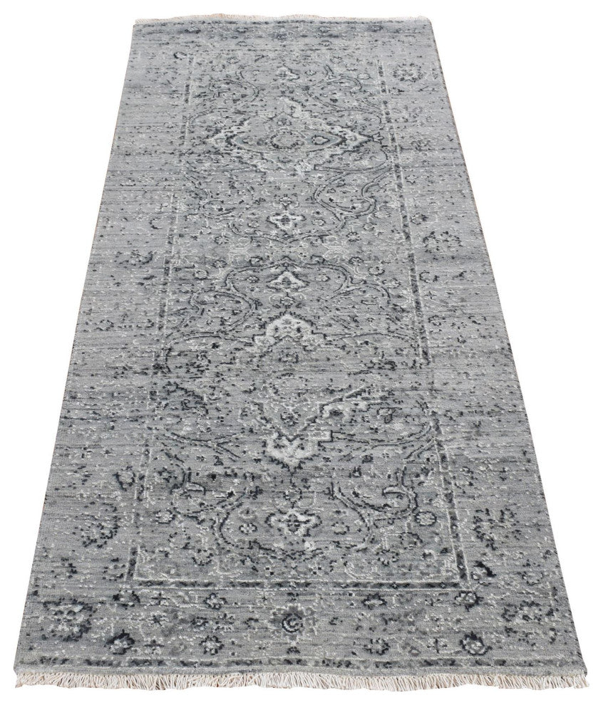 Gray Broken and Erased Wool Persian Design Hand Knotted Runner Rug 2'6" x 6'