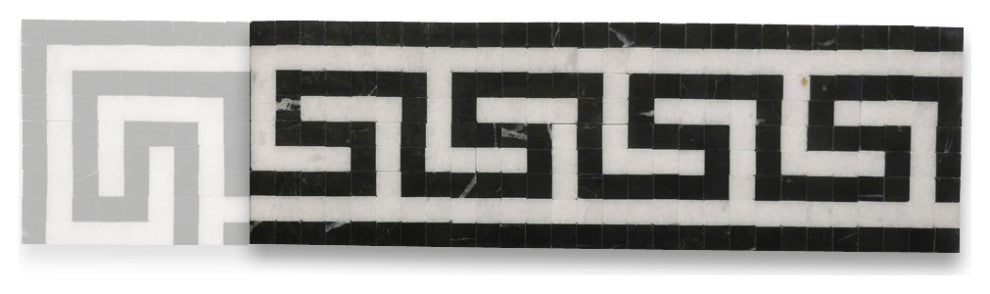 Greek Key Thassos White Nero Marquina Black Marble Mosaic Border Tile, 1 piece