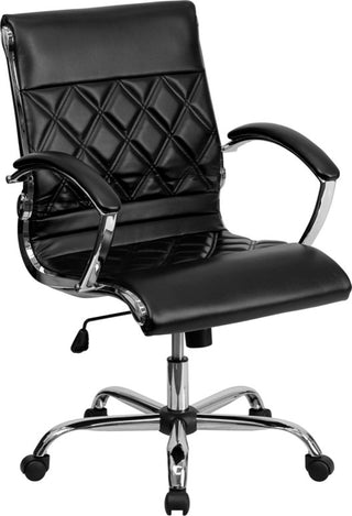 Mid-Back Black Leather Executive Swivel Chair With Chrome Base and Arms
