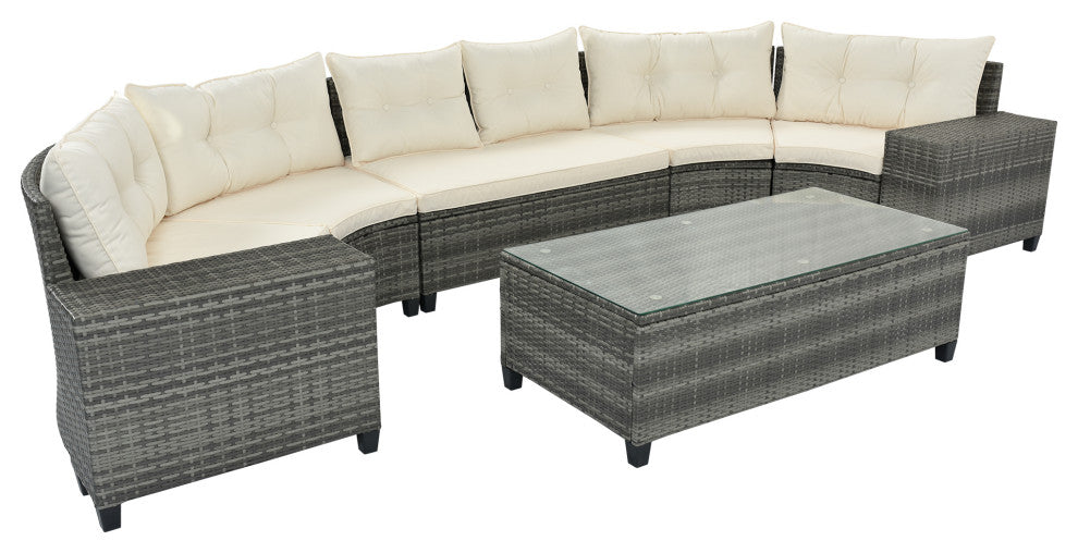 8 Pieces Outdoor Wicker Curved Patio Sectional with Coffee Table and Cushions, Beige