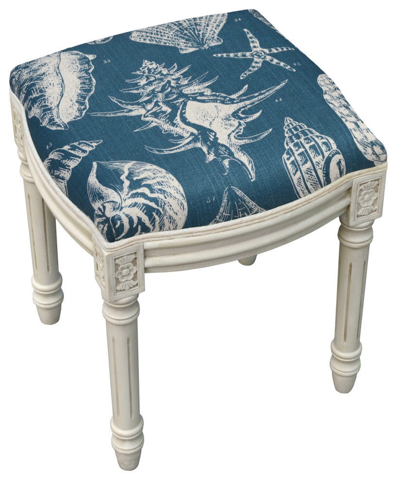 Navy Blue Seashells Linen Upholstered Vanity Stool