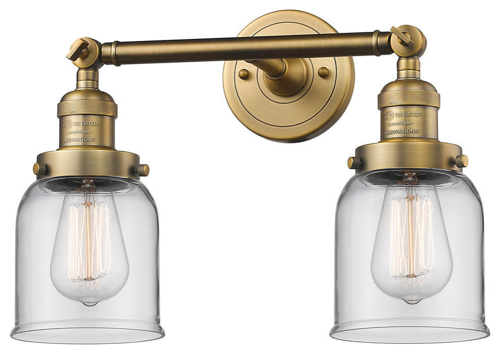 Small Bell 2-Light Bath Fixture, Brushed Brass, Glass: Clear