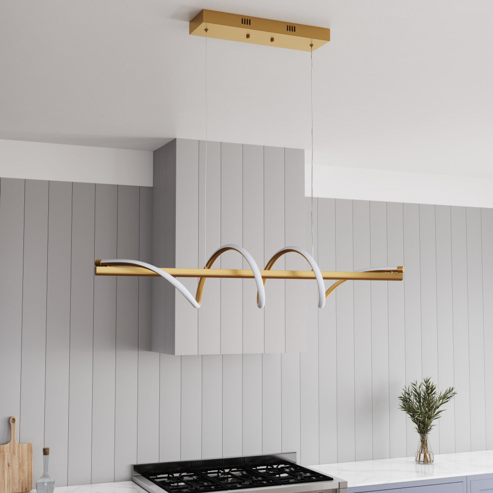 Modern Linear Wave Shape LED Pendant Lighting for Kitchen Island, Gold