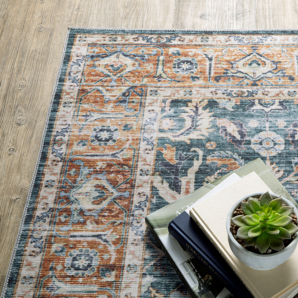 Celestia Machine Washable Vintage Indoor Area Rug, Teal, 3'6"x5'6"