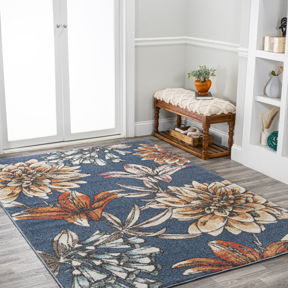 Giglio Modern Botanical Flower Area Rug, Blue/Orange/Cream, 3 X 5