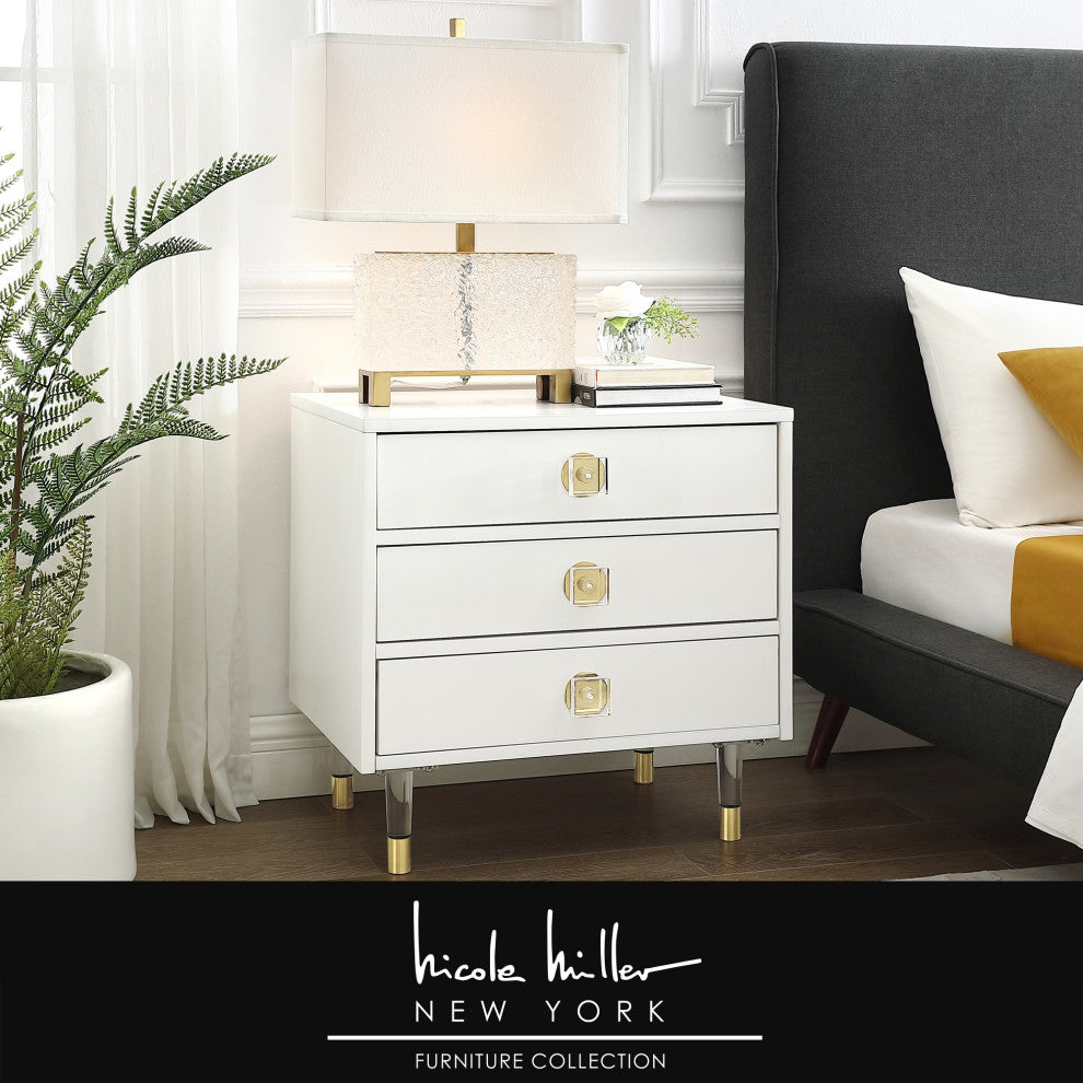 Nicole Miller Barney Nightstand High Gloss Acrylic Knob and Legs, White