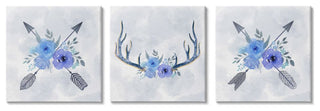 Watercolor Blue Flowers Antler and Arrow Details,3pc, each 17 x 17