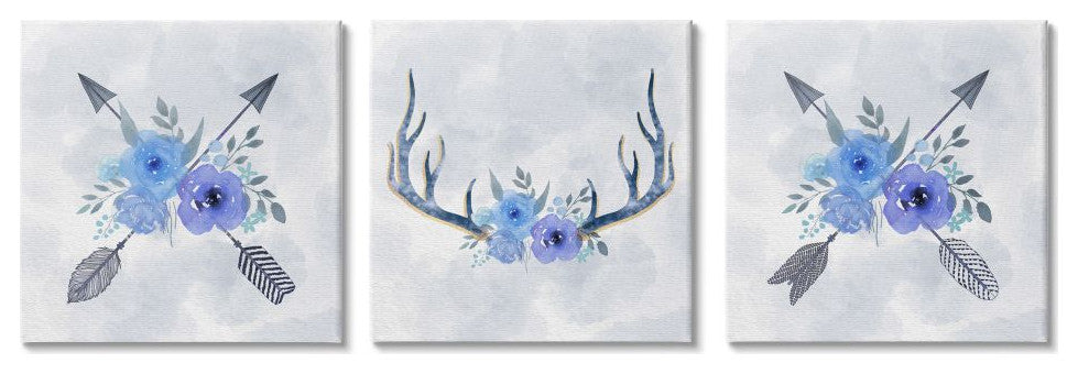 Watercolor Blue Flowers Antler and Arrow Details,3pc, each 17 x 17