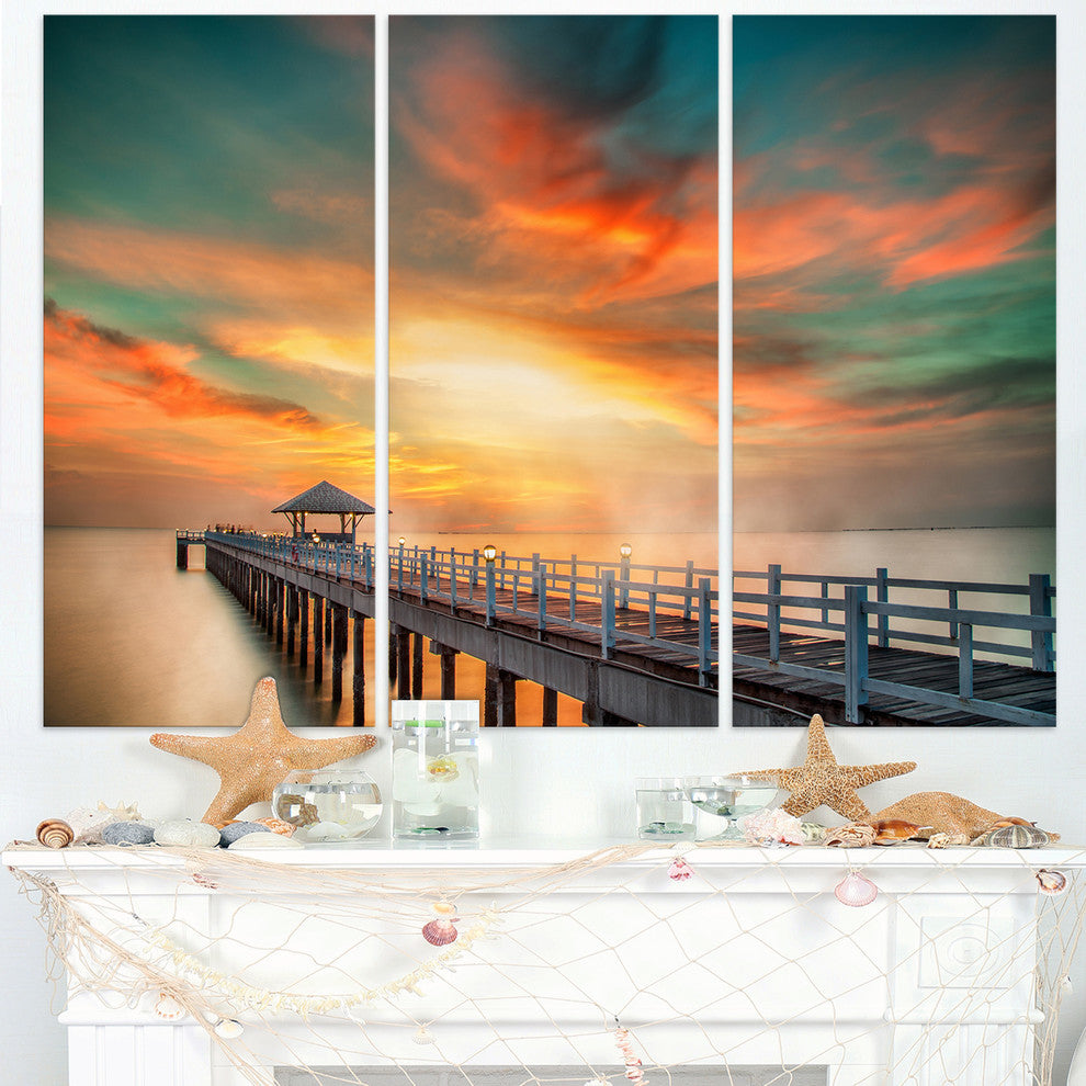 "Wooden Bridge Under Colorful Sky" Sea Bridge Metal Wall Art, 3 Panels, 36"x28"