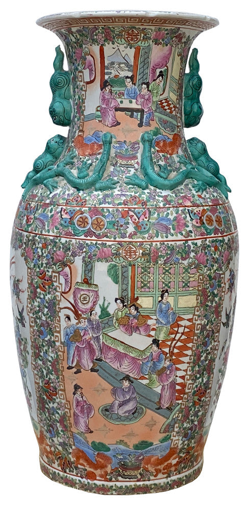 Chinese Hand Made Pink Turquoise House People Scenery Graphic Vase Hws2168