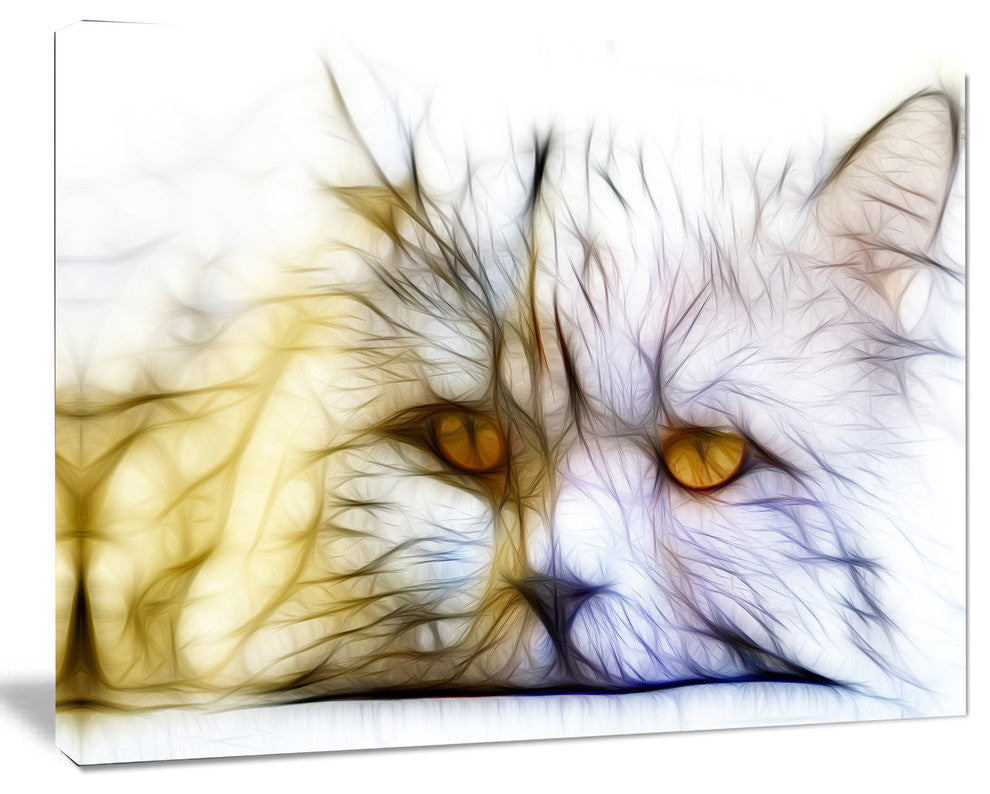 Cute White Cat Fractal Illustration, Animal Canvas Art Print, 60"x28"