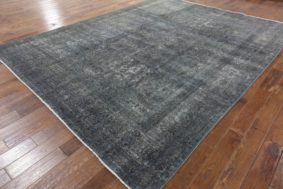 Overdyed Blue Oriental Hand-Knotted Wool Floral Rug, 10'x12'