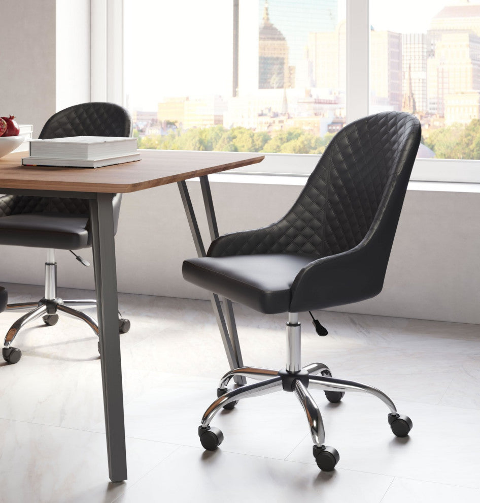 Office Chair, Faux Vinyl Leather, Steel, Black, Chrome, Mid Century Business