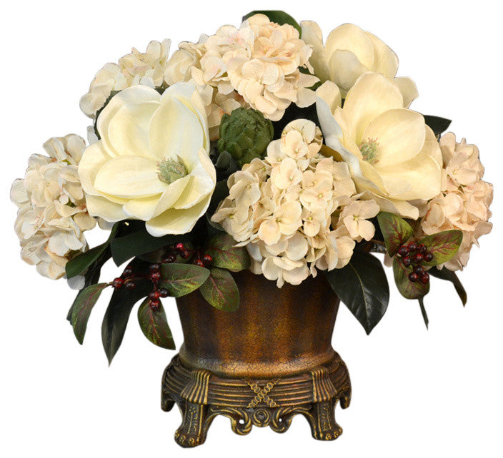 Magnolia Silk Floral Hydrangea Centepiece in Vase