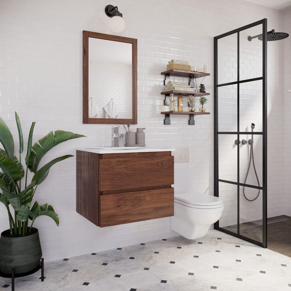 Formosa Wall Hung Modern Bathroom Cabinet, Warm Walnut, 23"