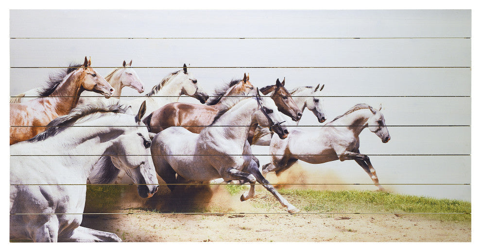 "Charge" Horse Wall Art Printed on Solid Fir Wood Planks