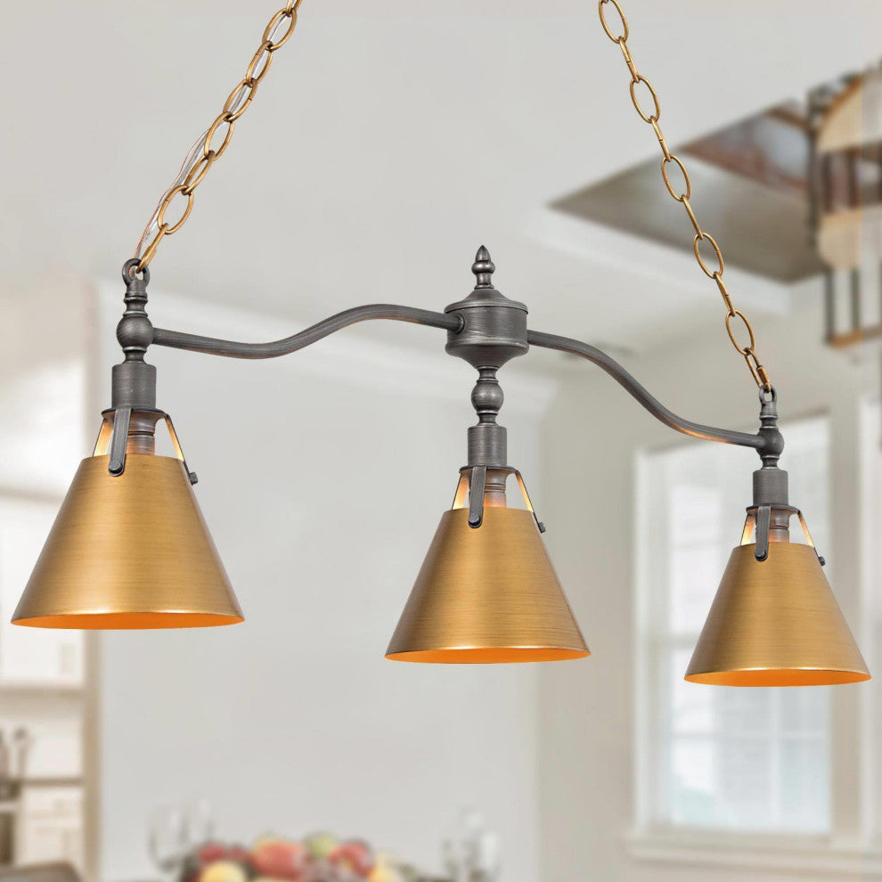 3-Lights Antique Gold and Gray Contemporary LED Kitchen Island Lamp