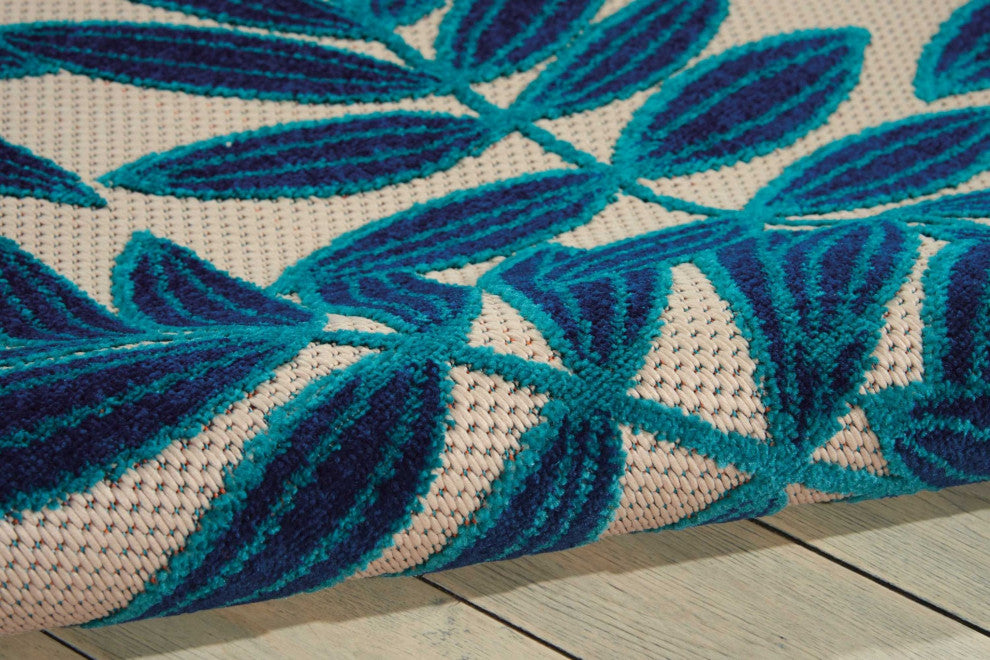 8 x 11 Navy and Beige Leaves Indoor Outdoor Area Rug