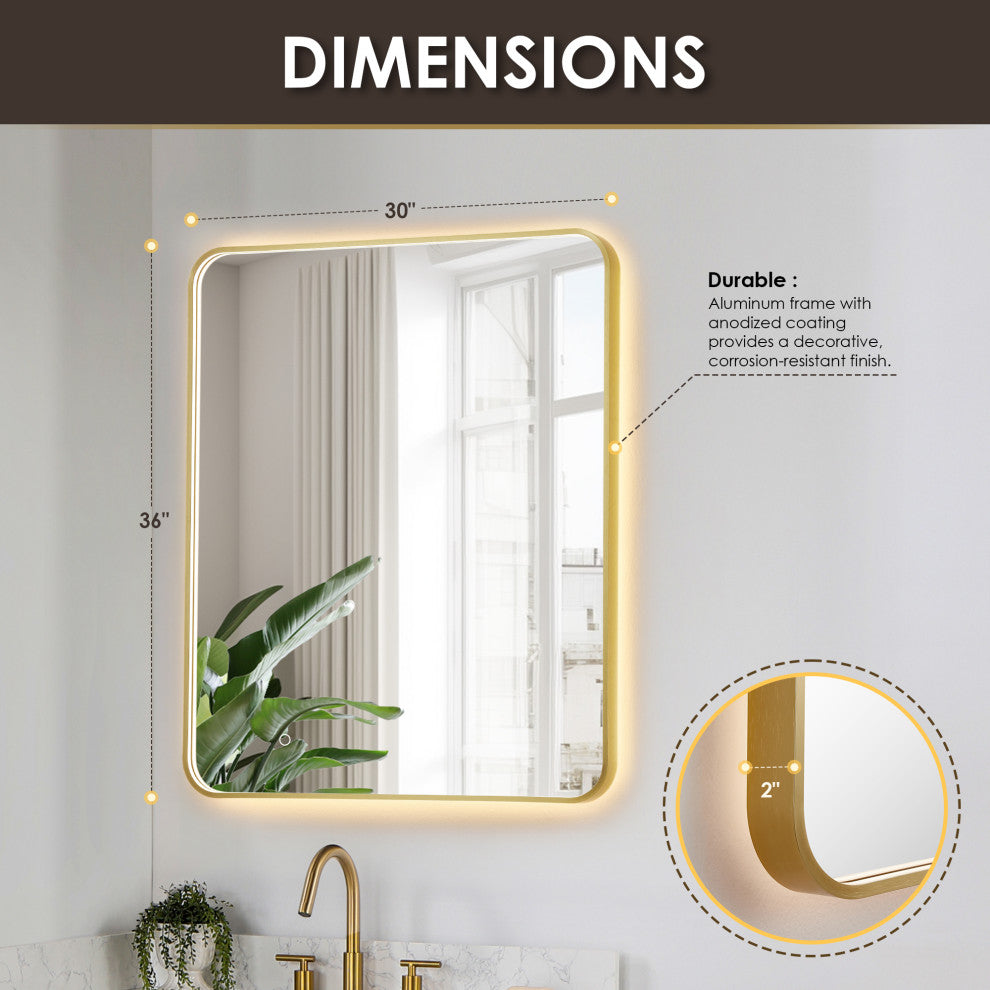 Dazzle Rectangular Bathroom/Vanity LED Lighted Wall Mirror, Brushed Gold, 36"