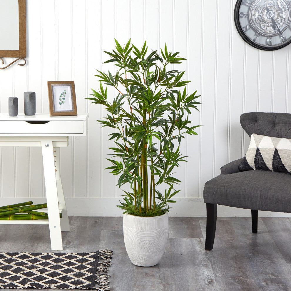52" Bamboo Palm Artificial Tree, White Planter