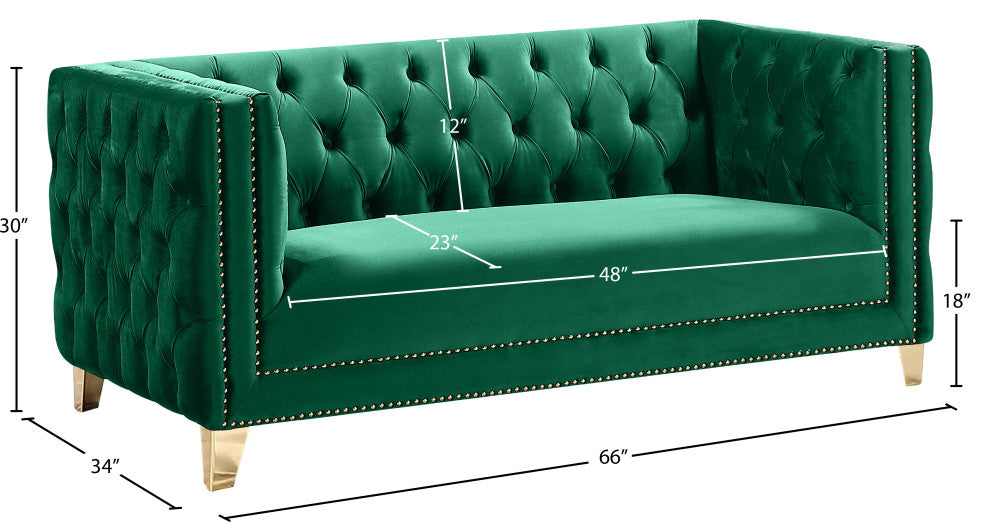 Michelle Fabric Upholstered Chair, Gold Iron Legs, Green, Velvet, Loveseat