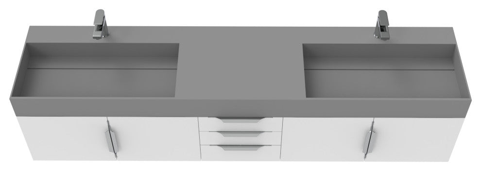 CastelloUSA Amazon 84" Wall Mounted Bathroom Vanity Set, White, Gray Top, Brushed Nickel