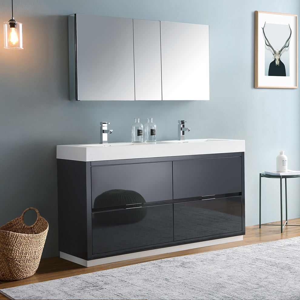 Valencia 60" Dark Slate Gray Free Standing Double Sink Vanity, Faucet FFT1030BN