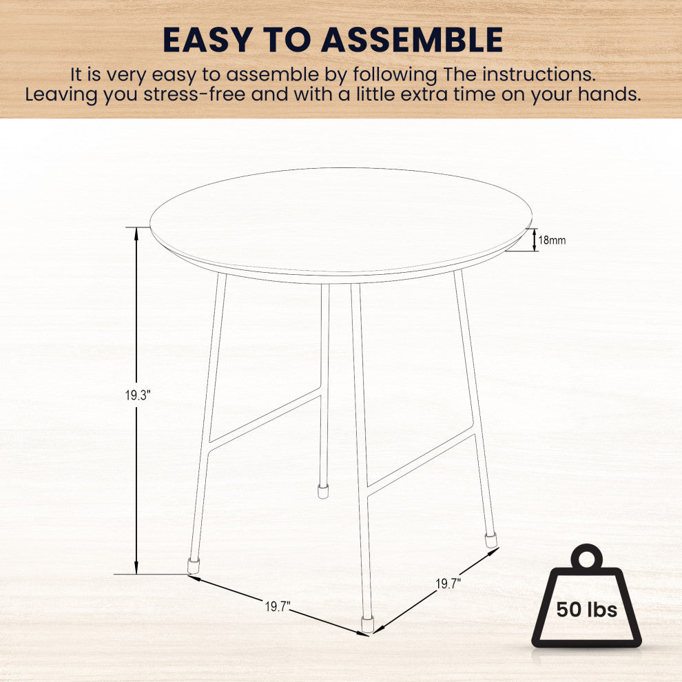 LeisureMod Rossmore Modern Round Side Table With White Steel Frame, Natural Wood