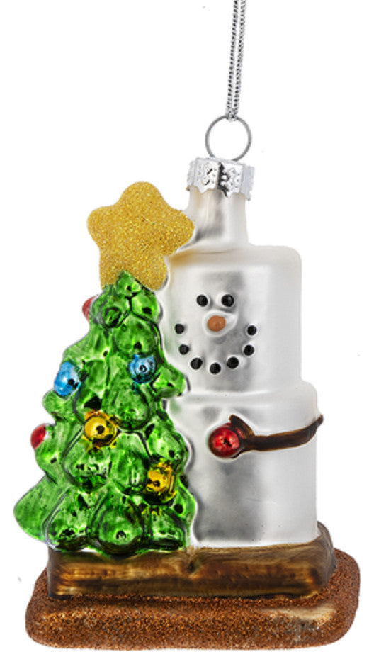Smores Hugging A Christmas Tree Holiday Ornament Glass