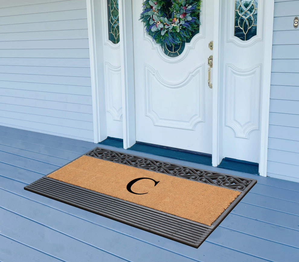 Rosewood Black/Beige 24"x36" Rubber And Coir Monogrammed Doormat, C