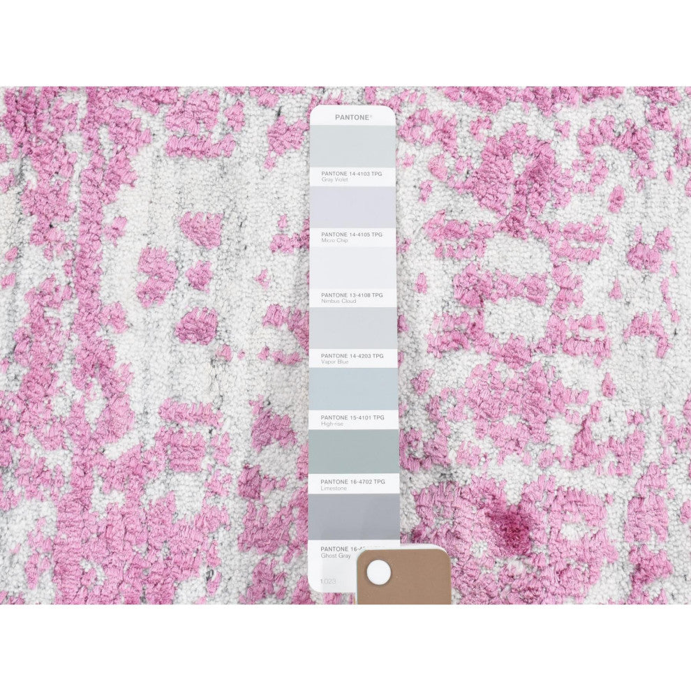 Pink, Fine Jacquard, Hand Loomed Wool and Plant Based Silk Mat Rug, 2'0"x3'0"