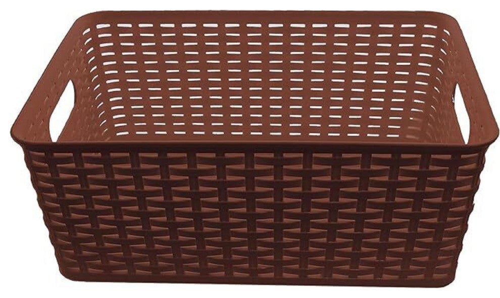 Plastic Rattan Storage Box Basket Organizer, Brown, Medium-Pack of 1