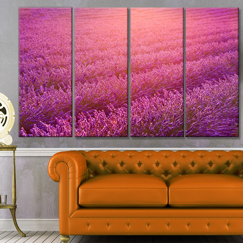 Lavender Field and Ray of Light, Floral Canvas Art Print, 48"x28", 4 Panels