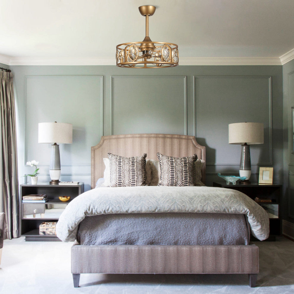 22 in Indoor Brass Gold Crystal Caged Ceiling Fan Chandelier With Remote