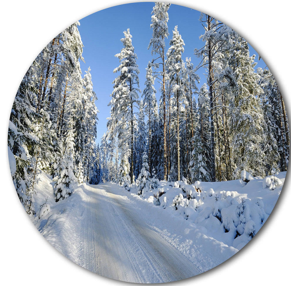 Snowy Blue Winter, Landscape Photography Disc Metal Artwork, 36"