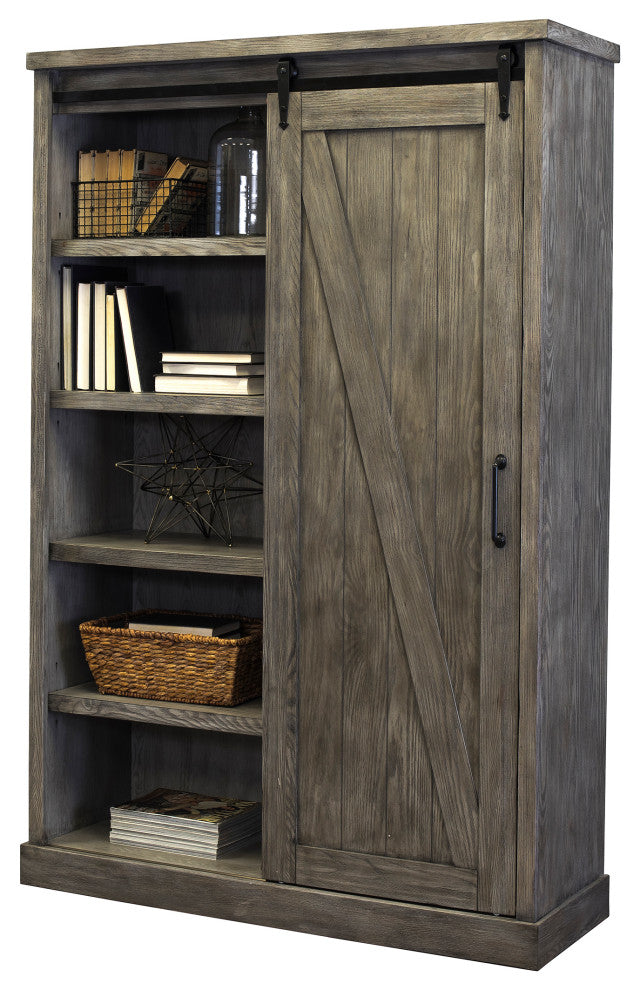 Avondale Barn Door Bookcase Wood Shelving Fully Assembled Gray