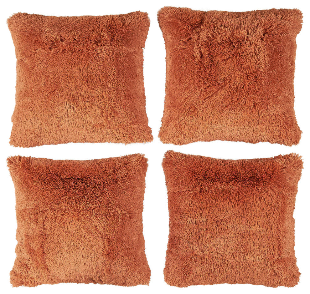 Shaggy Faux Fur Pillow Cover, Burnt Orange, Set of 4, 20"x20"