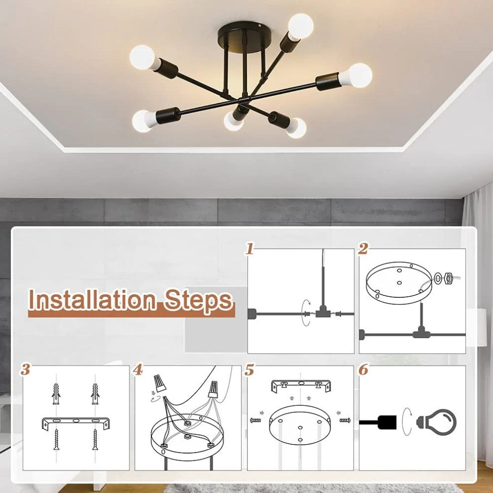 Farmhouse Semi Flush Mount Ceiling Light Fixture, 6 Light, Black Ceiling Lamp