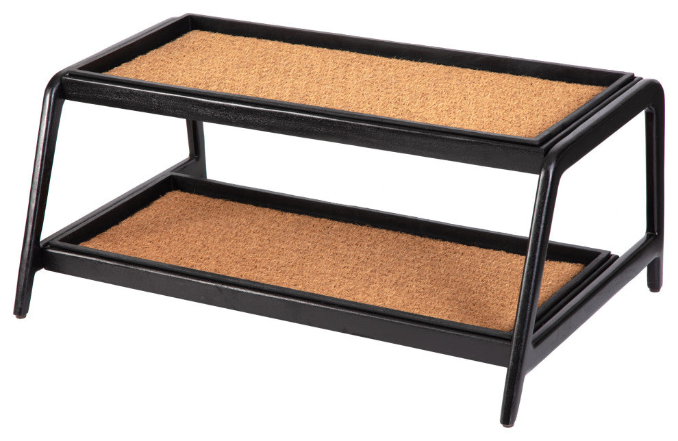Double-Tier Black Stand With 3-Pair Rubber Boot Trays Smoked Oak