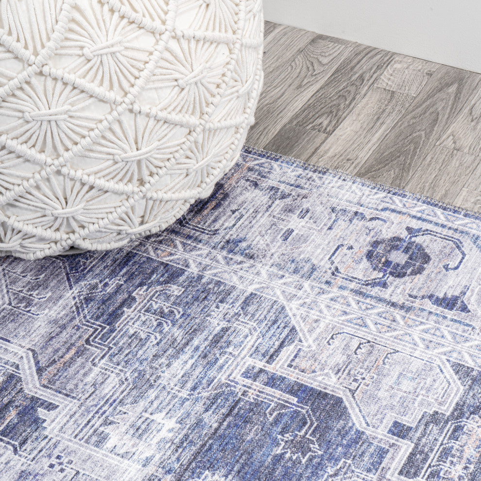 Alanya Ornate Medallion Machine Washable Indoor Area Rug, Navy/Cream, 2 X 8