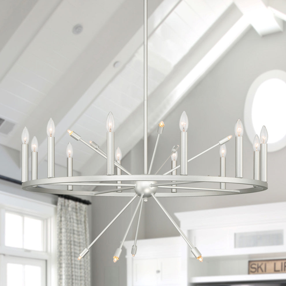 22-Light Candle Style Wagon Wheel Chandelier, White/Antique Silver