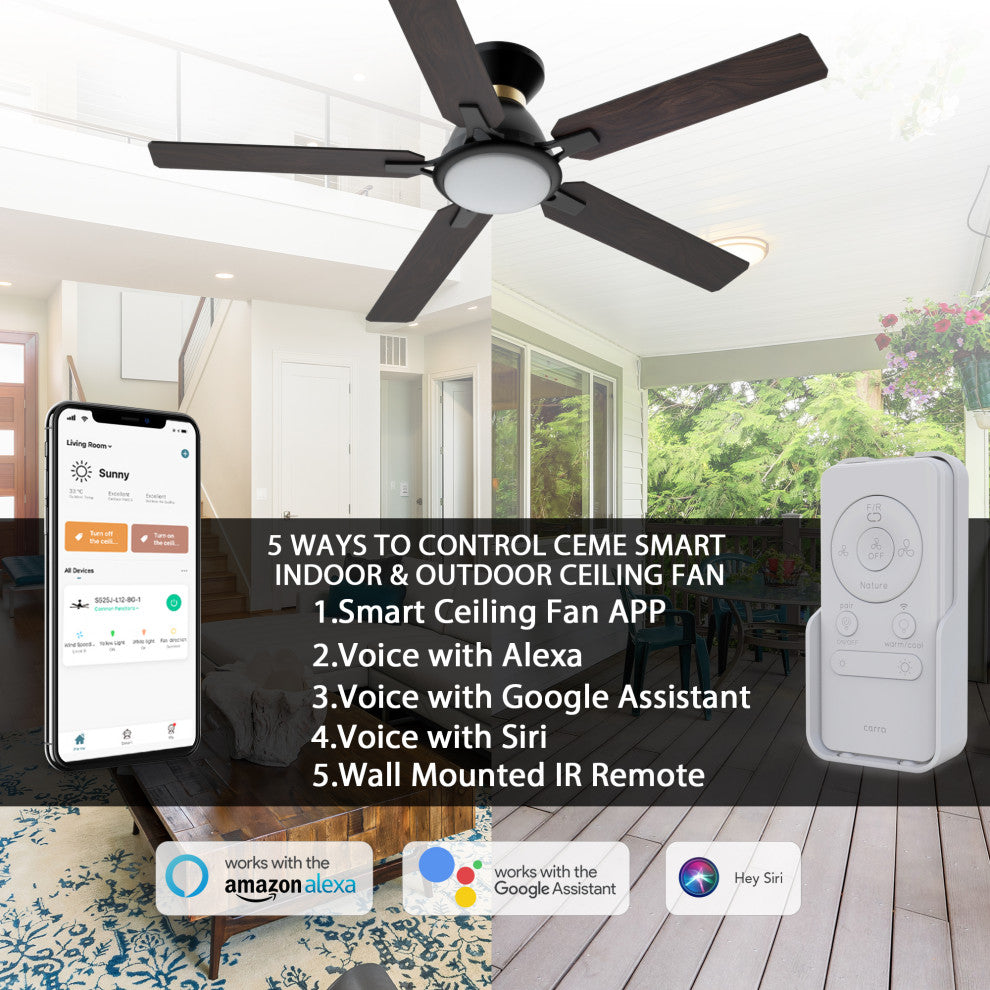 CARRO Flush Mount Ceiling Fan With Dim LED Light and Remote Smart 52" 5-Blade, Reversible Blade