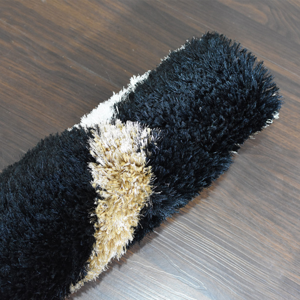 Hand Tufted Shag Polyester Area Rug Geometric Black, [Round] 6'x6'