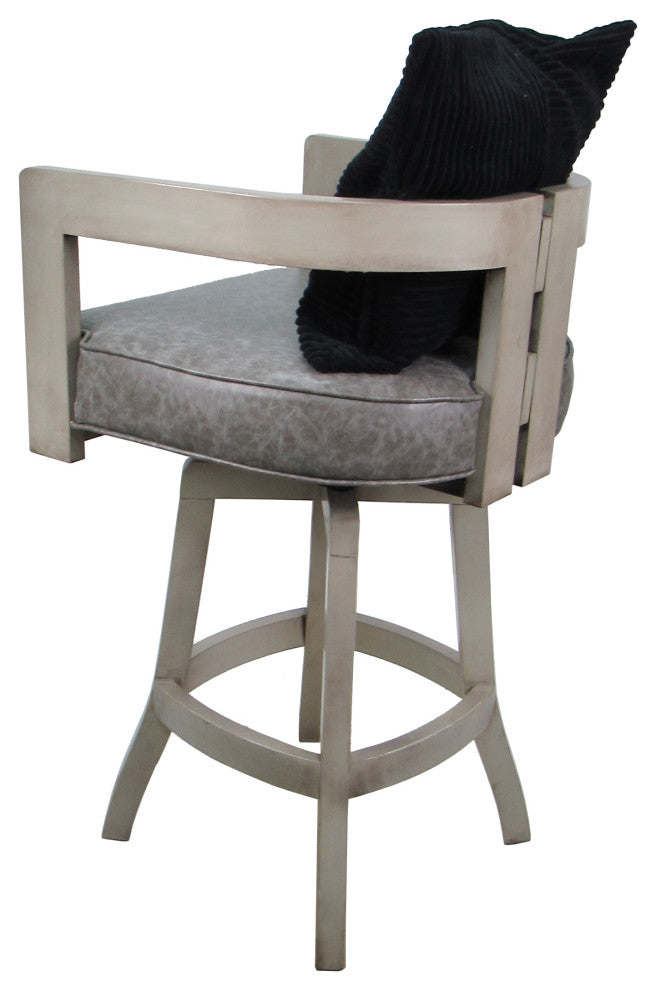 Swivel Wood Bar Stool Kadir Pillow on S-Base, Marble Gray Vinyl - Black Pillow - Beige, 34"
